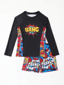 男孩卡通印花泳衣運動兩件套 - 彩色 - 查看 3