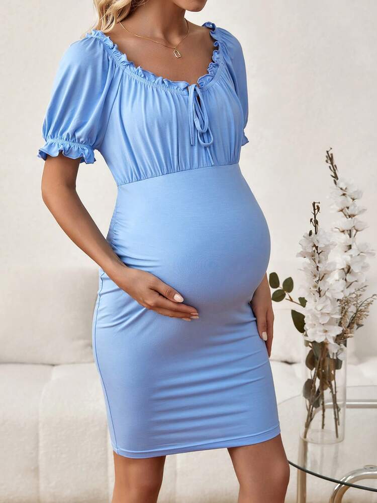Pregnant Woman's Frill Trim Sweetheart Neckline Dress For Maternity