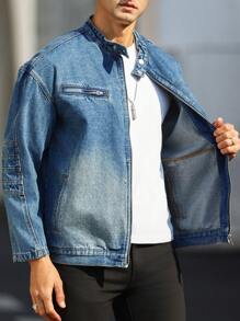 Manfinity Homme 寬鬆男士正面拉鍊牛仔夾克 - 中等水洗藍 - 查看 6