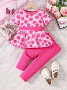 Baby Girl Flower Printed Dress And Pants Set - Hot Pink - View 1