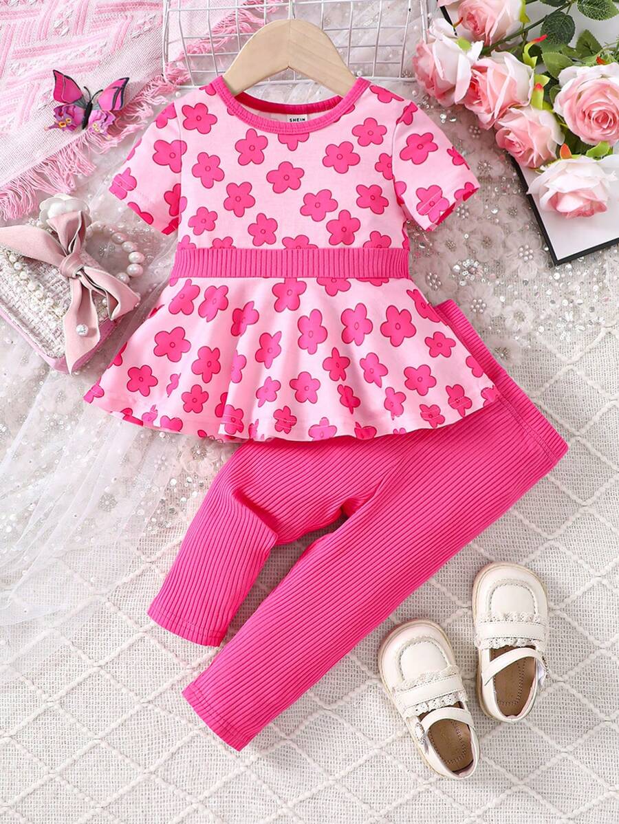 Baby Girl Flower Printed Dress And Pants Set - Hot Pink - View 1