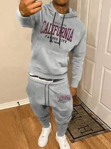 Manfinity Homme Bộ đồ thể thao thường ngày cho nam có mũ trùm đầu và quần nỉ Kangaroo họa tiết chữ, đi chơi - Xám - Xem 4