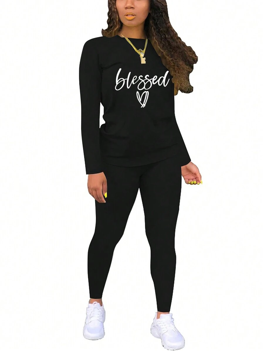 Leggings con camiseta con estampado de letra - Negro - Ver 1