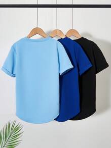 SHEIN 3pcs/Pack Boys' Multi-Color Casual Textured Arc Hem Short Sleeve T-Shirts, Suitable For Daily, Commute, Leisure & School Wear - Multicolor - View 2