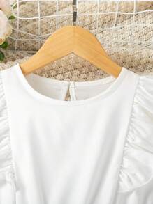 Vestido Blanco De Doble Volante Con Estampado De Mariposas Y Flores Para Niñas Preadolescentes - Blanco - Ver 3