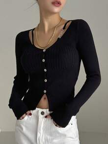 DAZY Women's Black Solid Color Hollow Slim Cardigan - Black - View 8