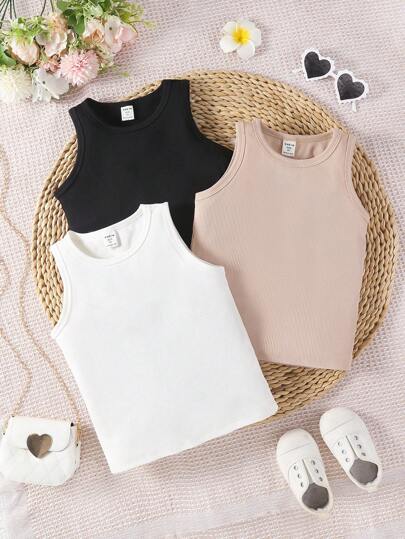 SHEIN Vintaside Kids 3pcs Young Girls' Fashionable Black White Khaki 3-Color Stretchy Camisole, Suitable For Daily Wear And Vacation In Summer, Can Be Worn As Outwear Or Innerwear, School, Campus, College