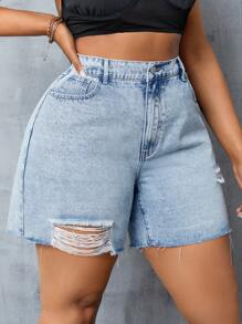 SHEIN SXY Women'S Plus Size Ripped Denim Shorts - Light Wash - View 5