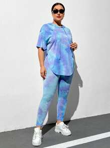 SHEIN Essnce 大码女装时尚休闲百搭春夏女装新款音乐节服装扎染彩色面料连帽 T 恤打底裤 2 件套 - 彩色 - 查看 4