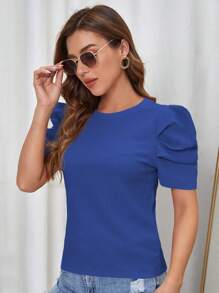 SHEIN Clasi Solid Color Gigot Sleeve T-Shirt - Royal Blue - View 3