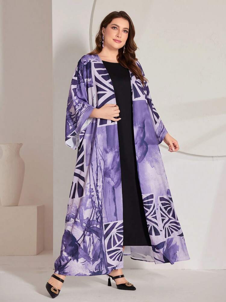 Plus Size Women'S Geometric Print Coat And Sleeveless Dress Set 2 Piece Set
