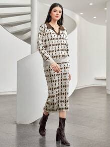 Mulvari Women'S Geometric Print Collar Sweater And Skirt Two-Piece Set 2 Piece Set