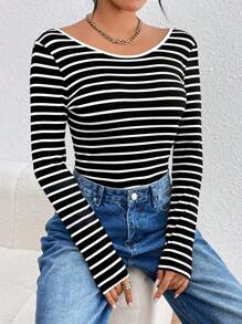 SHEIN Essnce 條紋露背長袖連體衣 - 黑與白 - 查看 5