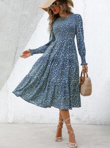 EMERY ROSE 碎花灯笼袖荷叶边下摆连衣裙（不带腰带）女式长款秋季连衣裙 - 藍色 - 查看 4