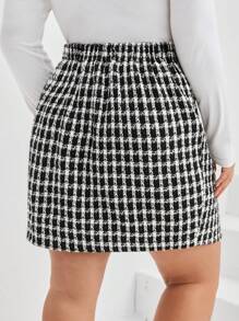SHEIN Frenchy Women's Plus Size Grid Pattern Split Hem Skirt - Black - View 2