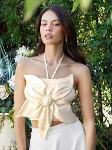 Enchnt Butterfly Decorated Halter Neck Top With 3d Effect - Apricot - View 1