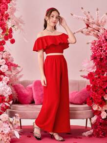 青少女實色露肩短上衣和實色長褲套裝 - 紅色 - 查看 1