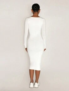 Scoop Cổ Chất rắn Váy bodycon - trắng - Xem 2