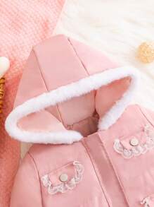 Baby Girls' Mid-Length Padded Coat With Lace Patchwork And Pockets - Pink - View 5