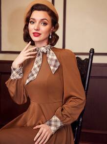 Vintamour Vintage Elegant Women's Plaid Splice Collar Tie Long Sleeve A-Line Dress - Brown - View 5