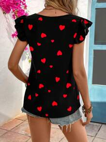 SHEIN LUNE V領心形圖案上衣,襯有荷葉邊袖子 - 黑色 - 查看 2