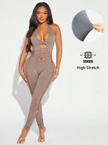 SHEIN SXY Women'S Cross Strap Halter Neck Tight Jumpsuit - Dusty Purple - View 1