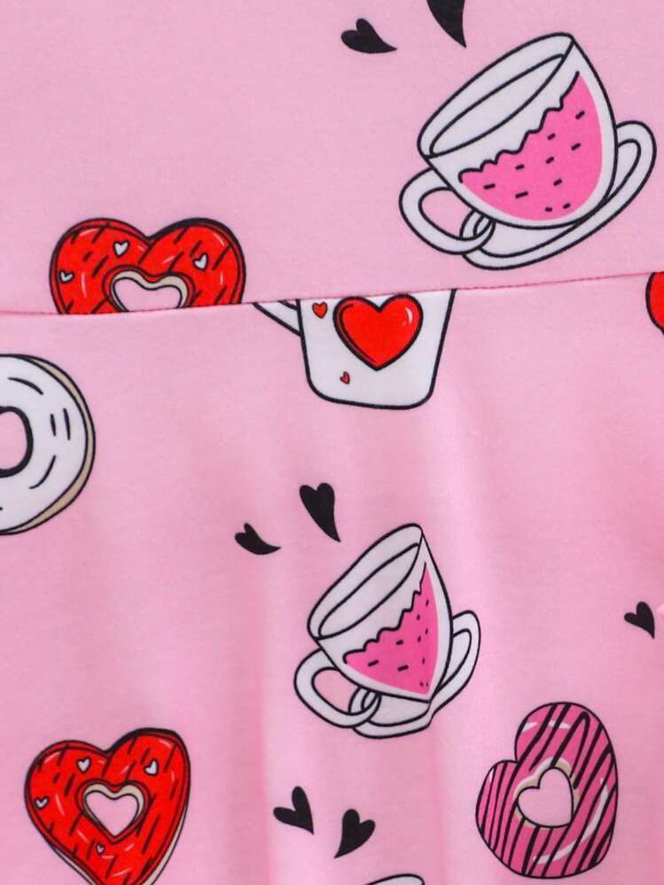 SHEIN فستان فتاة شابة بطباعة رسوم متحركة وياقة دائرية وأكمام طويلة - الأحمر - مشاهدة 3