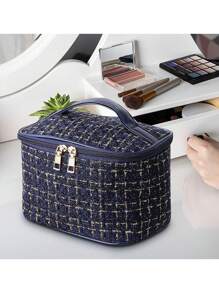 1 Miếng 22*14*14 Mỹ phẩm Hộp đựng Với Bàn chải trang điểm Giá đỡ Đối với phụ nữ , Xanh Với Vàng Họa tiết Lưới - Màu xanh Cadet - Xem 1