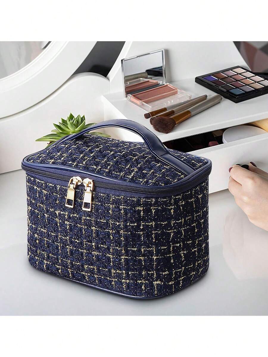 1 Miếng 22*14*14 Mỹ phẩm Hộp đựng Với Bàn chải trang điểm Giá đỡ Đối với phụ nữ , Xanh Với Vàng Họa tiết Lưới - Màu xanh Cadet - Xem 1