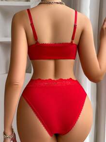 Women's Solid Color Splicing Lace Lingerie Set, Bra & Panty Set Bridallingerie - Red - View 2