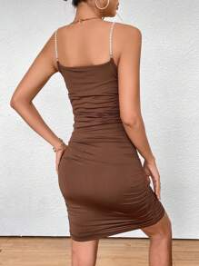 SHEIN BAE 女性單色扭結和褶皺修身背心連衣裙 - 棕色 - 查看 2