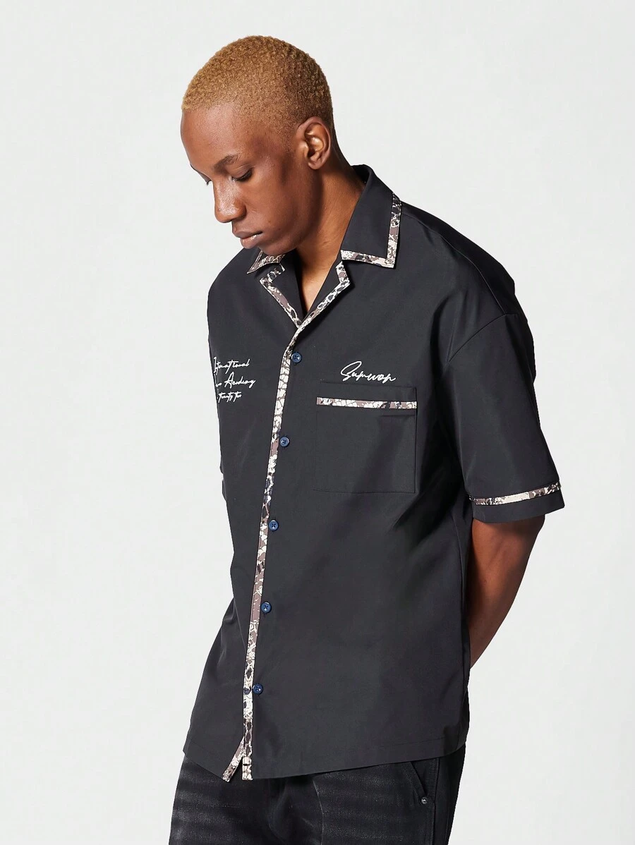 SUMWON Áo sơ mi cổ Revere có chi tiết viền in và thêu phía trước - màu đen - Xem 1