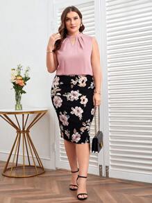 SHEIN Clasi Của phụ nữ Kích thước lớn Màu thuần Khía Vòng cổ Áo sơ mi Và In hoa Bộ váy - Bụi hồng - Xem 5