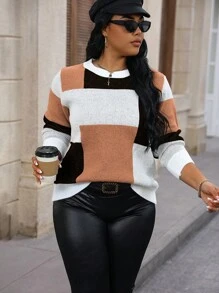 Calvaya 女款大尺碼對比色圓領休閒毛衣 - 彩色 - 查看 3