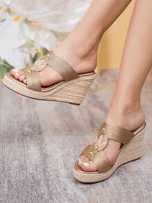 Women Metallic Espadrille Wedge Slide Sandals, Vacation Summer Sandals - Champagne - View 5