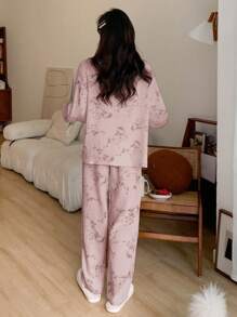 DAZY Women's Plant Print Long Sleeve Pajamas Set