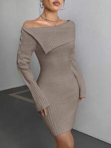SHEIN Unity 女士時尚折疊露肩毛衣連身裙 - 卡其色 - 查看 5