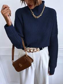 SHEIN Essnce Women's Solid Color High Neck Ribbed Knitted Sweater - Navy Blue - View 3