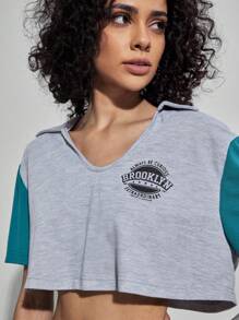 Forever 21 Vintage Style College Crew Neck Color Block Letter Print Cropped T-Shirt - Grey - View 3