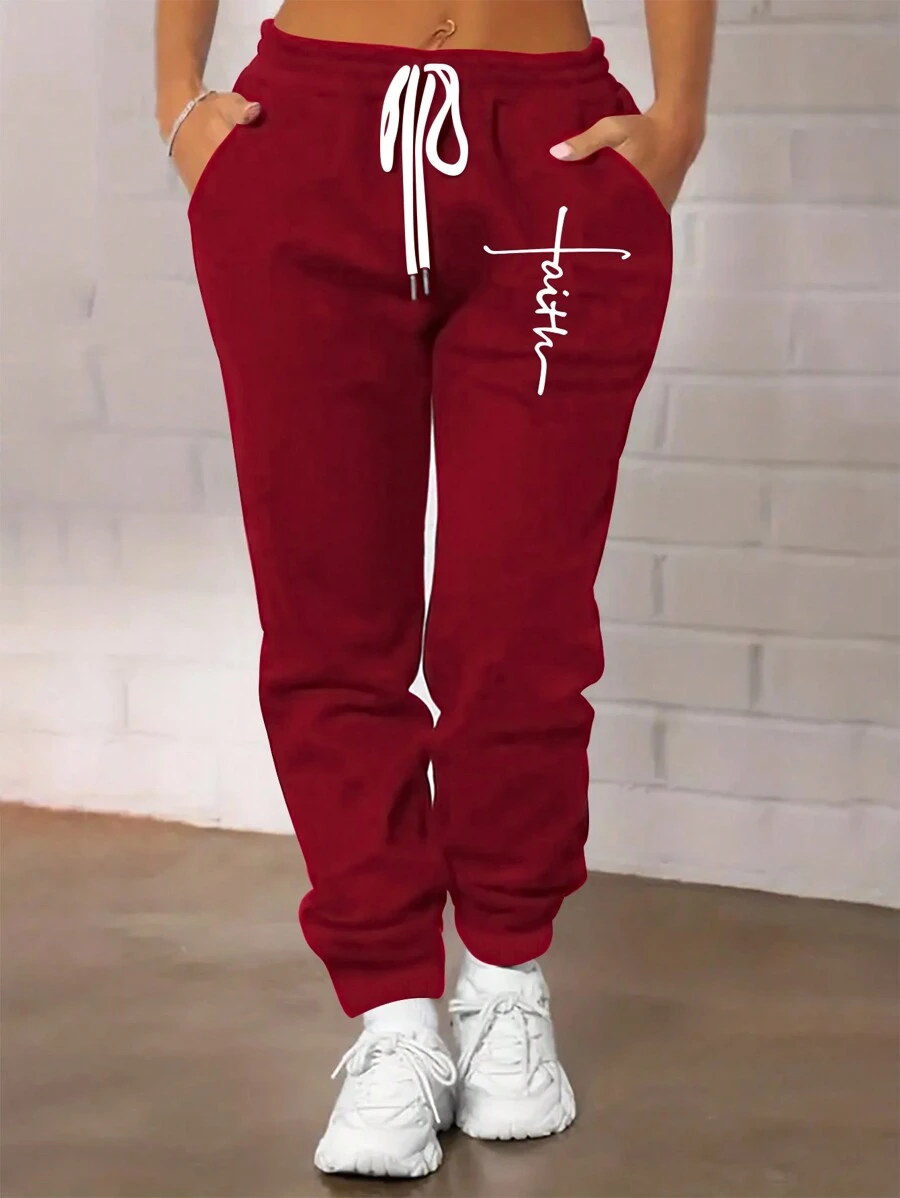Ladies Casual Sports Autumn And Winter Warm And Fleece Sweatpants Letter Printed Fashion All-Match Fleece Sweatpants