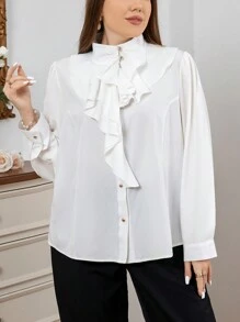 Firerie 女士大尺碼優雅通勤立領荷葉邊襯衫 - 白色 - 查看 5