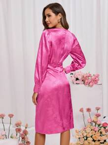 SHEIN Clasi Của phụ nữ Màu thuần Dệt hoa Xếp li Đầm - Màu Hồng Tươi - Xem 2