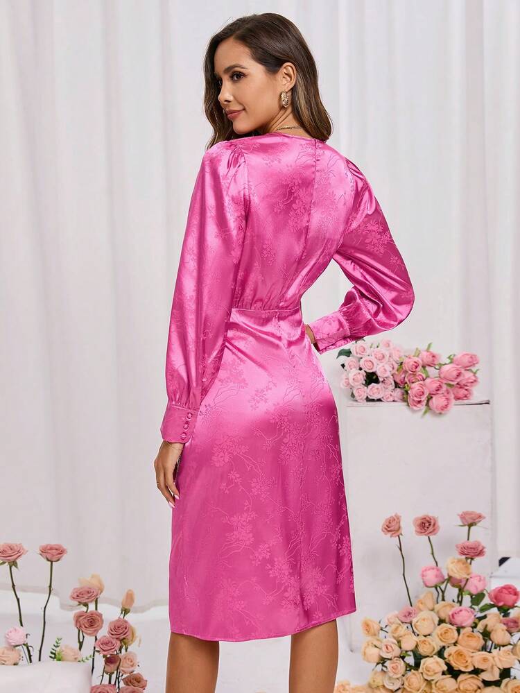 Women Solid Color Jacquard Pleated Dress