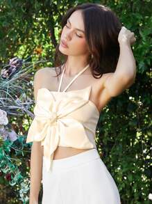 Enchnt Butterfly Decorated Halter Neck Top With 3d Effect - Apricot - View 5