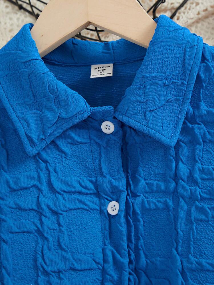 Young Girls Solid Color Textured Button-Down Shirt And Shorts Two-Piece Set