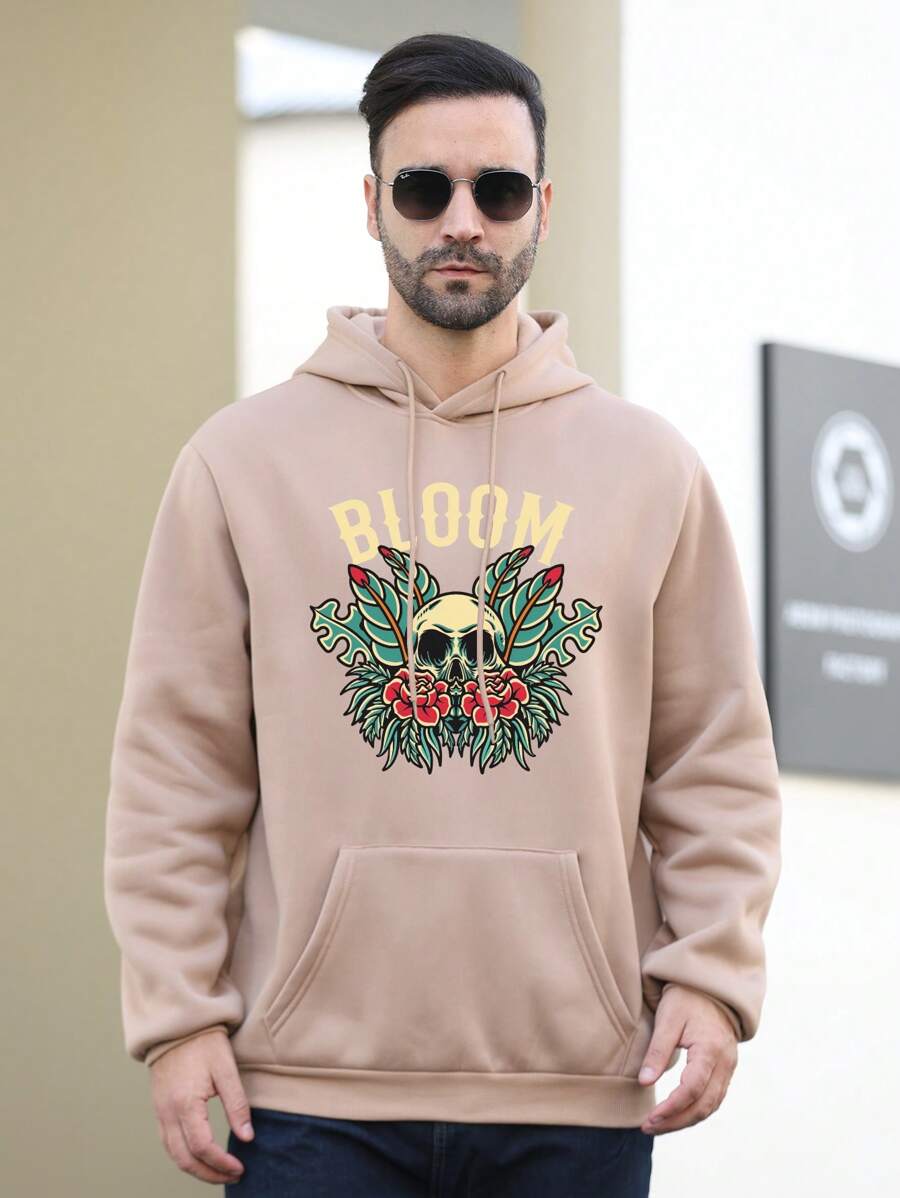 大尺碼男士骷髏印花保暖連帽衫 - 咖啡棕 - 查看 1