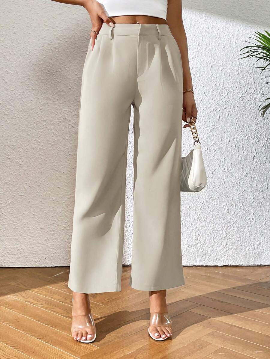 SHEIN PETITE Solid Color Straight-Leg Pants - Beige - View 1