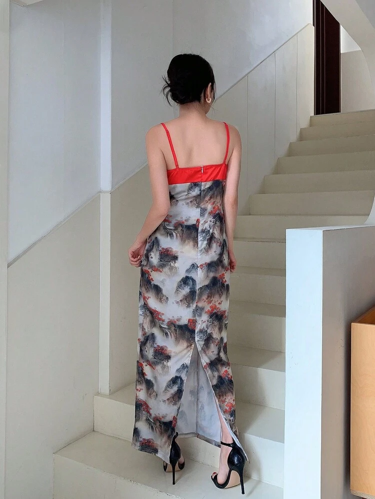 New Chinese Retro Ink Landscape Print Slim Fit Spaghetti Strap Party New Year Date Night Women Dress