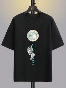 Men's Funny Printed Short Sleeve Drop Shoulder T-Shirt - Black - View 3