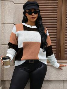 Calvaya 女款大尺碼對比色圓領休閒毛衣 - 彩色 - 查看 7